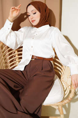 Mini Taşlı Saten Gömlek Ekru - MD TREND