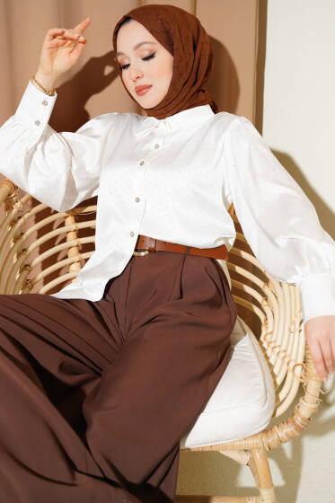 Mini Taşlı Saten Gömlek Ekru - Gömlek