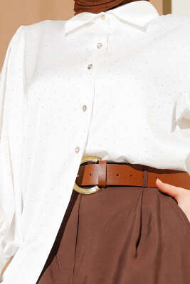 Mini Taşlı Saten Gömlek Ekru - Gömlek