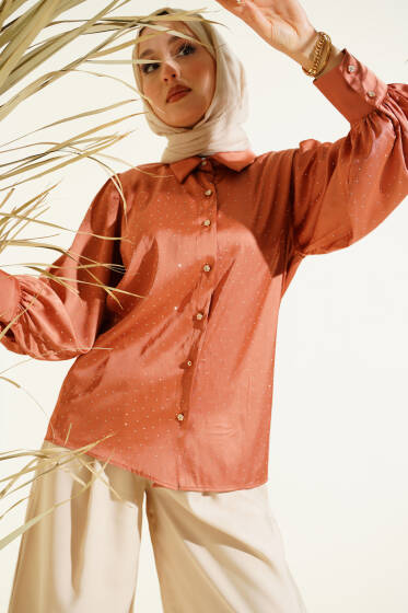 Mini Taşlı Saten Gömlek Pudra - Gömlek