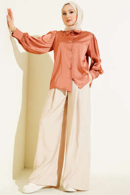 Mini Taşlı Saten Gömlek Pudra - Gömlek