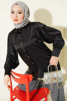 Mini Taşlı Saten Gömlek Siyah - MD TREND