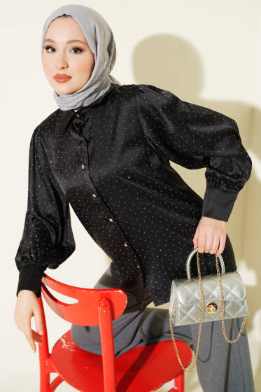 Mini Taşlı Saten Gömlek Siyah - Gömlek