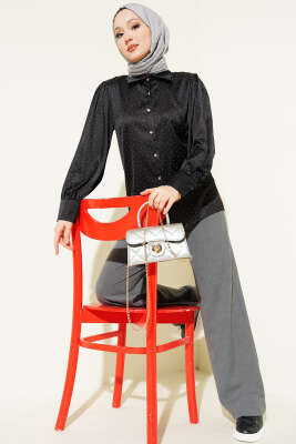 Mini Taşlı Saten Gömlek Siyah - Gömlek