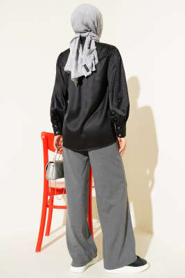 Mini Taşlı Saten Gömlek Siyah - Gömlek