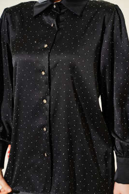 Mini Taşlı Saten Gömlek Siyah - Gömlek