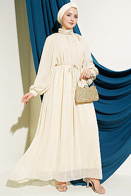 Mini Taşlı Şifon Abiye Elbise Bej - HEWES