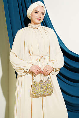 Mini Taşlı Şifon Abiye Elbise Bej - Elbise