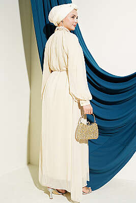 Mini Taşlı Şifon Abiye Elbise Bej - Elbise