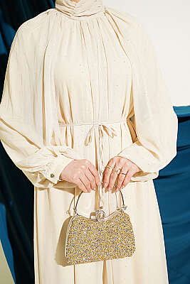 Mini Taşlı Şifon Abiye Elbise Bej - Elbise