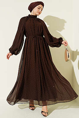 Mini Taşlı Şifon Abiye Elbise Kahve - HEWES