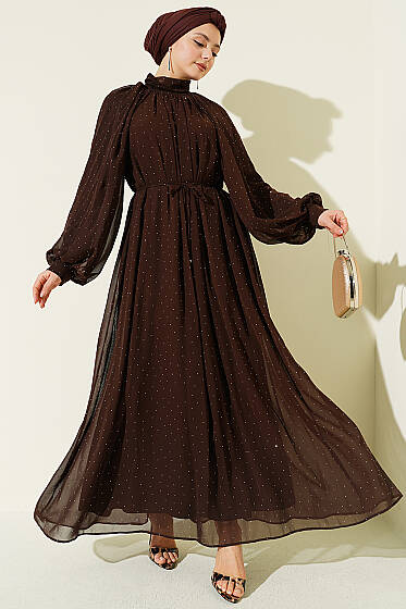 Mini Taşlı Şifon Abiye Elbise Kahve - Elbise