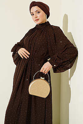 Mini Taşlı Şifon Abiye Elbise Kahve - Elbise