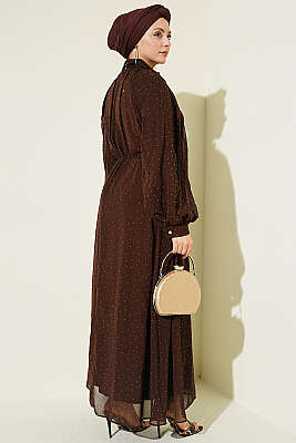 Mini Taşlı Şifon Abiye Elbise Kahve - Elbise