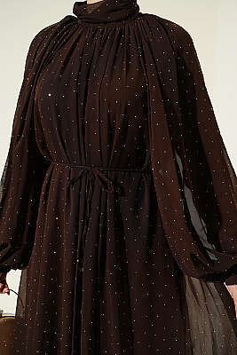 Mini Taşlı Şifon Abiye Elbise Kahve - Elbise