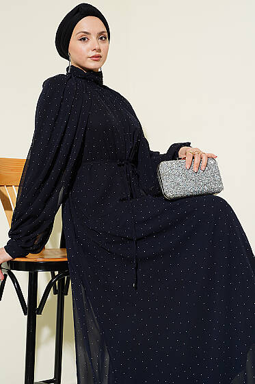 Mini Taşlı Şifon Abiye Elbise Lacivert - Elbise