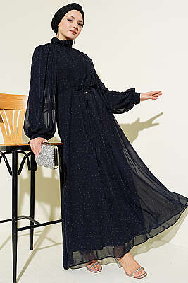 Mini Taşlı Şifon Abiye Elbise Lacivert - Elbise