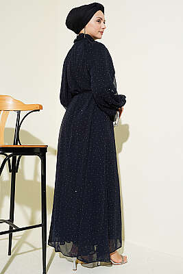 Mini Taşlı Şifon Abiye Elbise Lacivert - Elbise