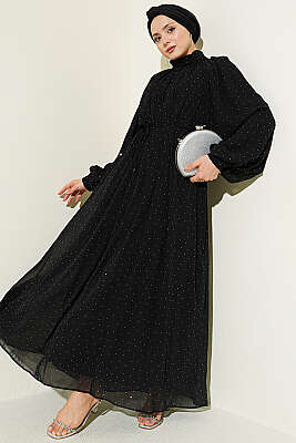 Mini Taşlı Şifon Abiye Elbise Siyah - HEWES