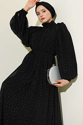 Mini Taşlı Şifon Abiye Elbise Siyah - Elbise