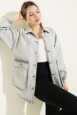 Mini Taşlı Torba Cepli Kot Ceket Gri - Kadın Giyim Modelleri