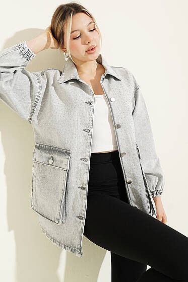 Mini Taşlı Torba Cepli Kot Ceket Gri - Kadın Giyim Modelleri