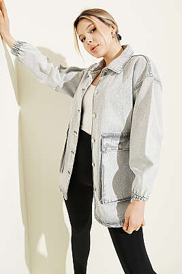 Mini Taşlı Torba Cepli Kot Ceket Gri - Kadın Giyim Modelleri