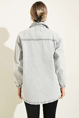 Mini Taşlı Torba Cepli Kot Ceket Gri - Kadın Giyim Modelleri