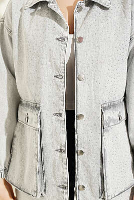 Mini Taşlı Torba Cepli Kot Ceket Gri - Kadın Giyim Modelleri