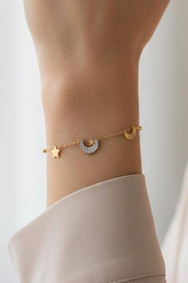 Mini Taşlı Yıldızlı Bileklik Gold - Bileklik