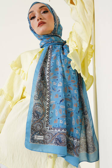 Mini Yaprak Desenli Şal Soft Mavi - Başörtüsü
