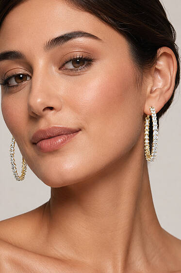 Mini Yassı Taşlı Halka Küpe Gold - Küpe
