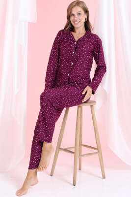 Mini Yıldız Desenli Düğmeli Süet Pijama Takımı Mürdüm - Pijama