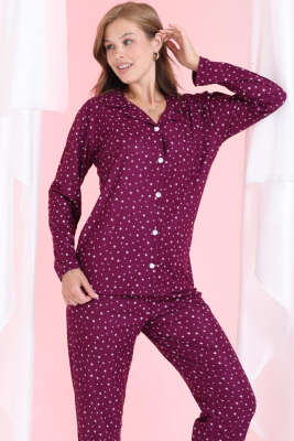 Mini Yıldız Desenli Düğmeli Süet Pijama Takımı Mürdüm - Pijama