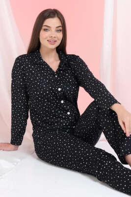 Mini Yıldız Desenli Düğmeli Süet Pijama Takımı Siyah - Pijama