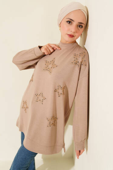 Mini Yıldız Taşlı Tunik Bej - Tunik