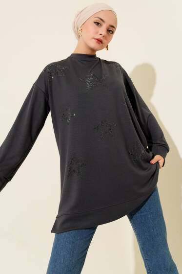 Mini Yıldız Taşlı Tunik Füme - Tunik
