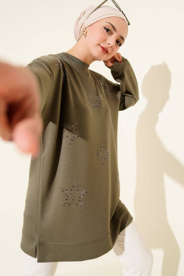 Mini Yıldız Taşlı Tunik Haki - Tunik