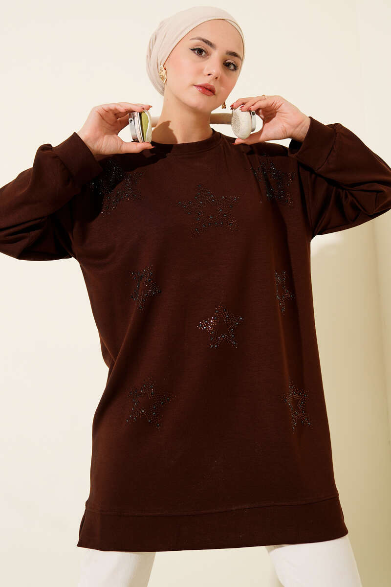 Mini Yıldız Taşlı Tunik Kahve