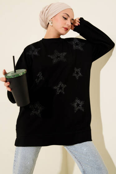 Mini Yıldız Taşlı Tunik Siyah - Tunik