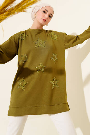 Mini Yıldız Taşlı Tunik Yağ Yeşili - Tunik