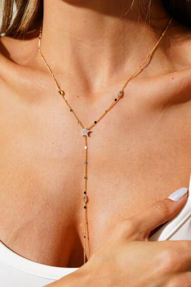 Mini Yıldız Taşlı Y Kolye Gold - Kolye