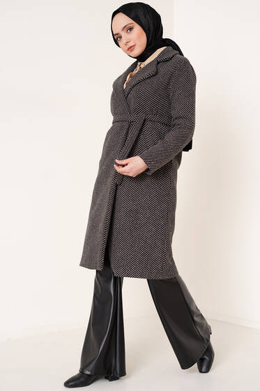 Mini Zigzag Desenli Kaşe Kaban Siyah - Kaban