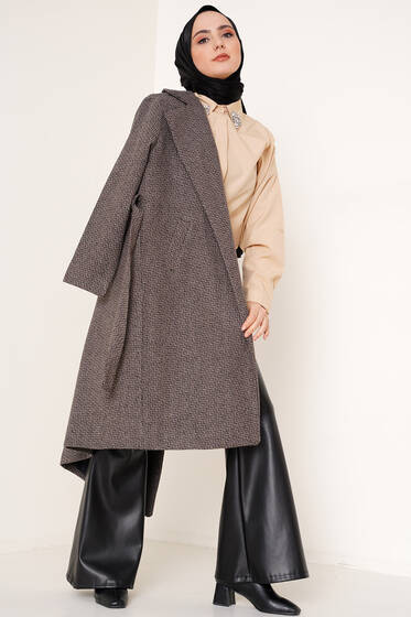 Mini Zigzag Desenli Kaşe Kaban Vizon - Kaban