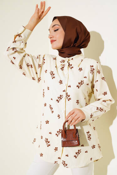 Minik Çiçek Desenli Gömlek Kahve - Gömlek