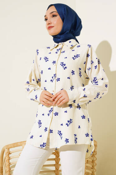 Minik Çiçek Desenli Gömlek Lacivert - Gömlek