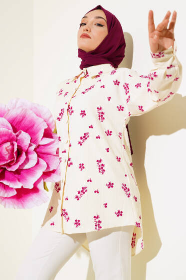 Minik Çiçek Desenli Gömlek Mürdüm - Gömlek