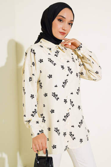 Minik Çiçek Desenli Gömlek Siyah - Gömlek