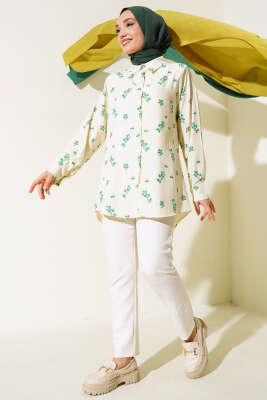 Minik Çiçek Desenli Gömlek Yeşil - Gömlek