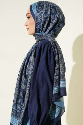 Minik Çiçek Motifli Soft Şal Lacivert - Başörtüsü